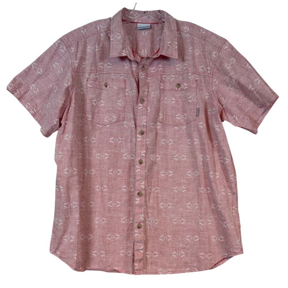 Columbia Mens XL Short Sleeve Button Up Shirt Red Geometric Southwestern AOP